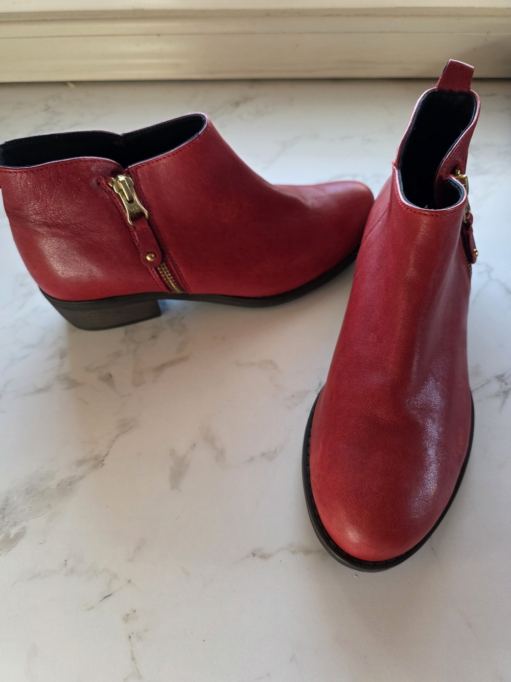 Eric Michael Red Leather Ankle Booties with Side Zip Accent